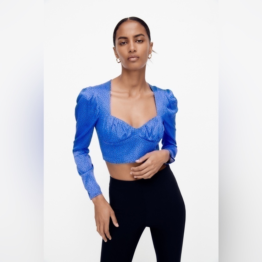 Zara Satin Blue Dot Cropped Long Sleeve Top ✨ - Picture 2 of 12
